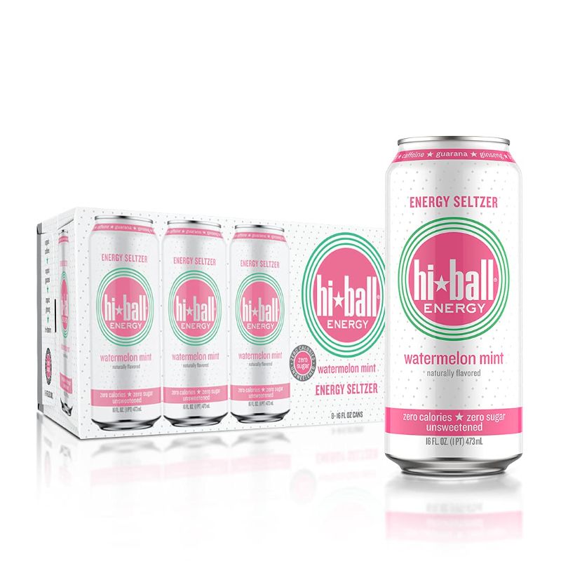 Photo 1 of Hiball Energy Flavored Seltzer Drink, Unsweetened, Zero Sugar and Calorie, 16 Fl Oz Cans, 8 Count (Watermelon)
