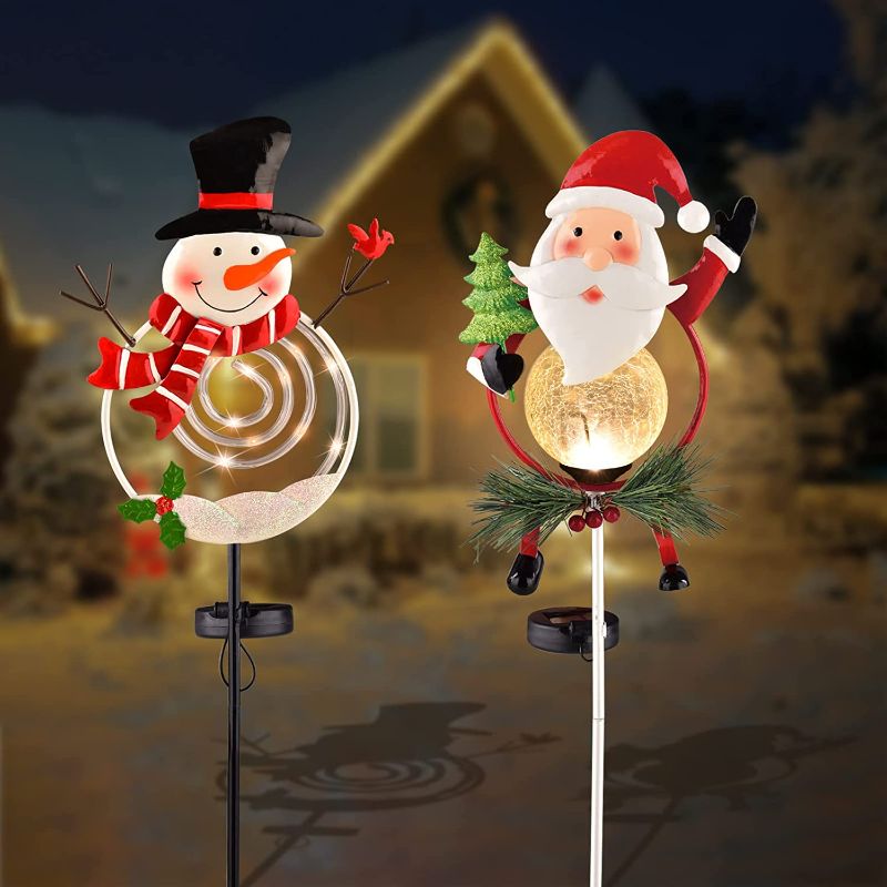 Photo 1 of Metal Steady On Snowman Christmas Decorations Lights, Slowly Flash Santa Claus Lights with Crackle Glass Globe.
