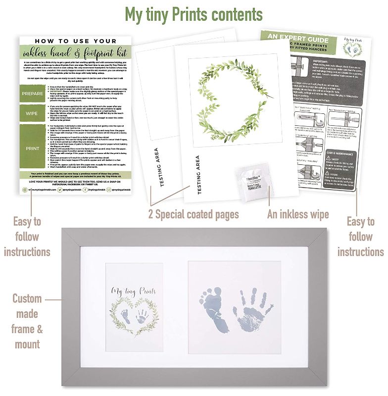 Photo 1 of Baby handprint and footprint kit in baby picture frame. Inkless and mess free baby footprint kit and baby handprint kit. Top baby girl gifts and baby boy gifts. Unique baby shower gifts. Baby keepsake