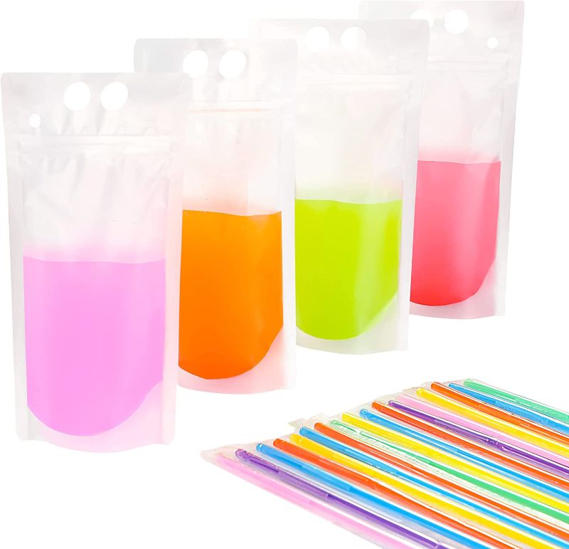 Photo 1 of       Stand-Up Plastic Drink Pouches Bags with 50 Drink Straws, Heavy Duty Hand-Held Translucent Reclosable Ice Drink Pouches Bag, Non-Toxic, for Smoothie, Cold & Hot Drinks                                                        