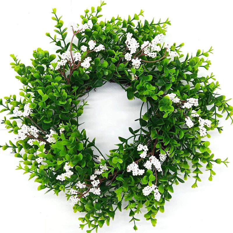Photo 1 of 15 Inch Artificial Boxwood Wreath with Green Leaves and Small White Berries, Full Greenery Round Wreath for Home, Patio and Farm, Outdoor and Indoor