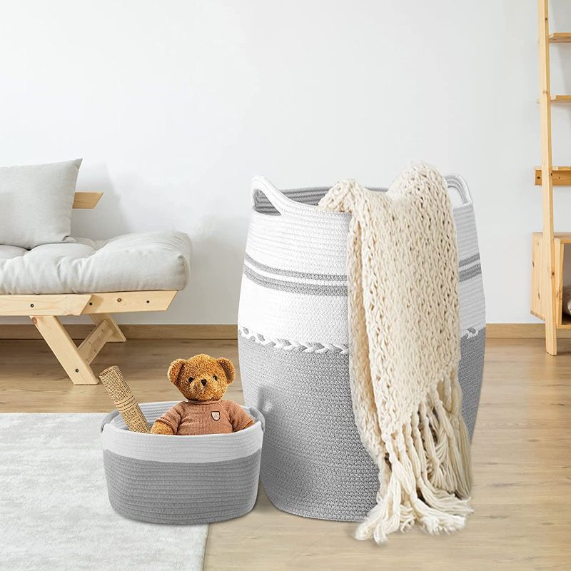 Photo 1 of (95L+17L) Woven Laundry Hamper with Handles, Set of 2 Storage Baskets for Bedroom, Bathroom, Organizer Bins for Toys, Pillows, Blankets, Clothes