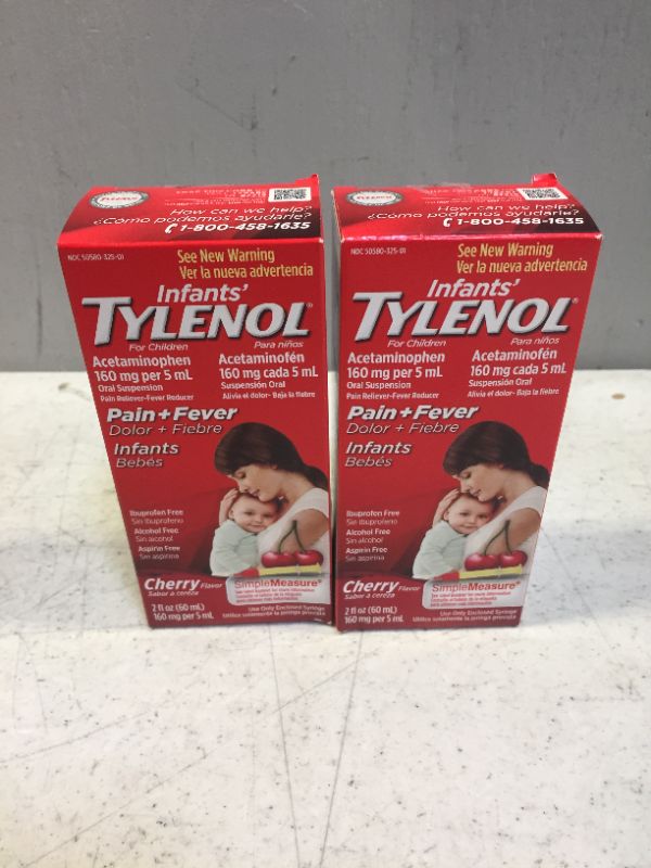 Photo 1 of Infants' Tylenol Acetaminophen Liquid Medicine, Cherry, 2 fl. oz (2 pack) best by 03.2022
