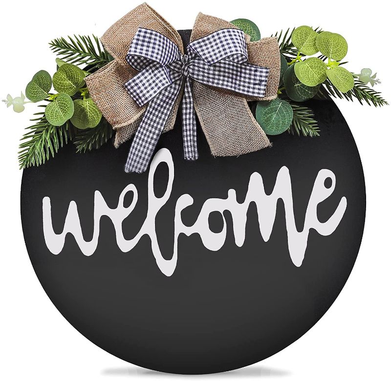 Photo 1 of Danzast Welcome Sign for Front Door, 12 Inch Front Porch Decor, Home Decoration Round Wooden Farmhouse Door Hanging for Christmas Restaurant Home Outdoor (Black-bow)
