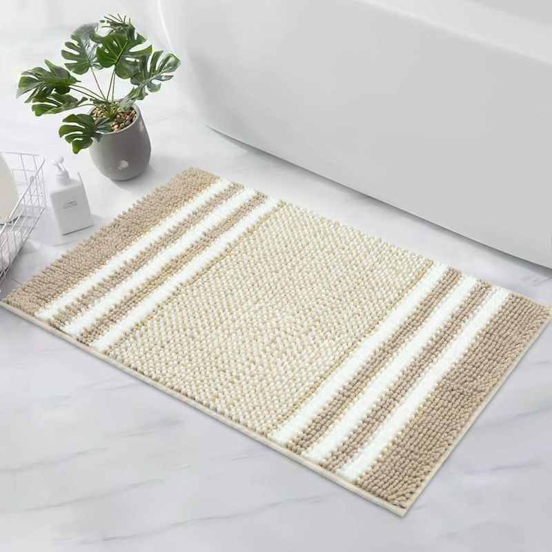 Photo 1 of WELTRXE Bathroom Rug Mat, 20x32 inch Non-Slip Chenille Shower Mat, Extra Soft and Absorbent Striped Shaggy Rugs, Machine Wash Dry, Perfect Plush Carpet Mats for Tub, Shower, Bath Room, Kitchen, Beige
