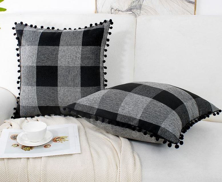 Photo 1 of 2 Pcs 18"x18" Polyester Buffalo Check Plaid with Pompoms Decorative Pillow Cover - 