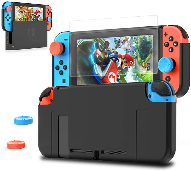 Photo 1 of HEYSTOP Nintendo Switch Dockable Case, PC Protective Case for Nintendo Switch with a Tempered Glass Screen Protector and 2 Thumb Grips Caps - Black
