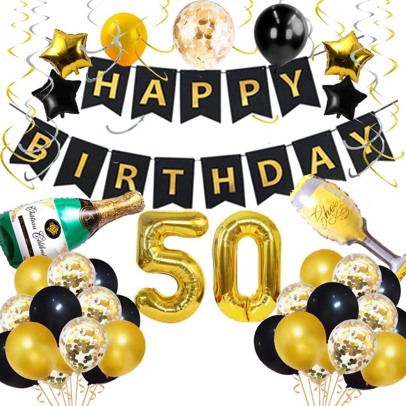 Photo 1 of 50th Birthday Decorations for Her Him Men Women, Happy Birthday Banner Number 50 Balloons Kit, Black Gold Hanging Swirls Party Favors Supplies Gifts, Cheers 50th Years Confetti Celebration
