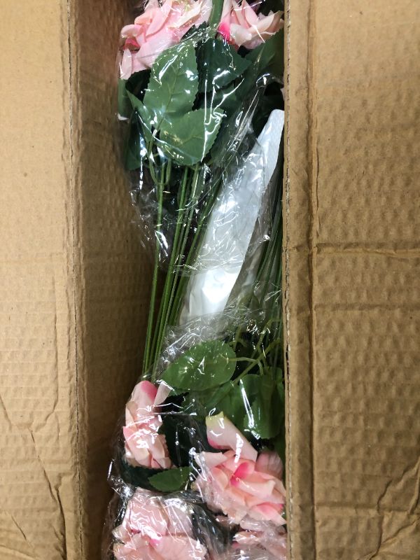 Photo 1 of Brightdeco 2 Bunches 20 Heads Artificial Flowers Bouquets Lifelike Silk Rose with Vase Table Centerpiece Decoration for Home Office Wedding Party Pink
