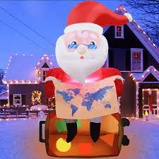 Photo 1 of 6.3FT Santa Tour Christmas Inflatable Decorations, Santa Travels Around The World with Map & Suitcase Restart Cross-Border Air Travel Outdoor Decor Built-in LED Light with Stakes, Ropes Blow Up Decor
