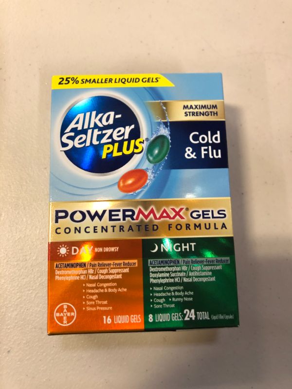 Photo 2 of Alka-seltzer Plus Cold & Flu, Power Max Cold and Flu Medicine, Day +Night, For Adults with Pain Reliever, Fever Reducer, Cough Suppresant, Nasal Decongestant, Antihistamine, 24 Count
24 Count (Pack of 1) EXP JAN 2022