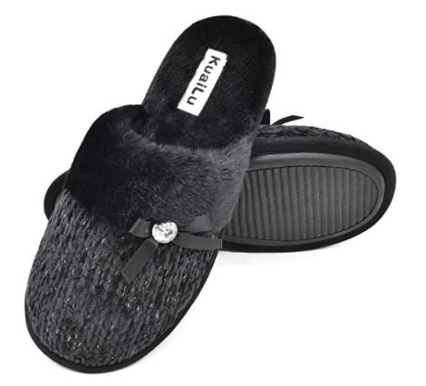 Photo 1 of KuaiLu Womens Comfy Cute Slippers Memory Foam Fax Fur House Scuff Slip On Anti-Skid Home Slippers,Chenille Knit with Warm Fleece Lining for Indoor/Bedroom Black 10
