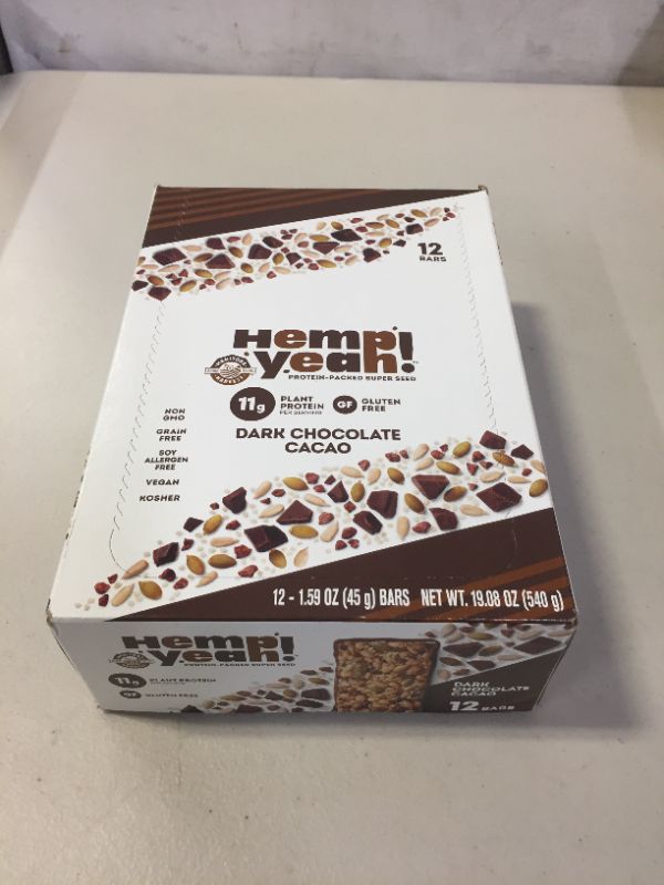 Photo 1 of Manitoba Harvest Hemp Yeah! Bars, Dark Chocolate Cacao (12 Bars), 10g Plant Protein, Grain Free, Gluten Free, 6g Omegas 3&6, Healthy Granola Bar Alternative best by 03.10.2022