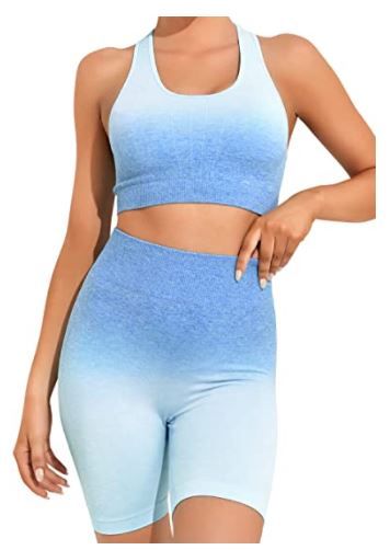 Photo 1 of OUDOTA Workout Outfits for Women 2 Piece Gym Yoga Sets Seamless Gradient Crop Tank High Waist Biker Shorts Set Sky Blue Medium