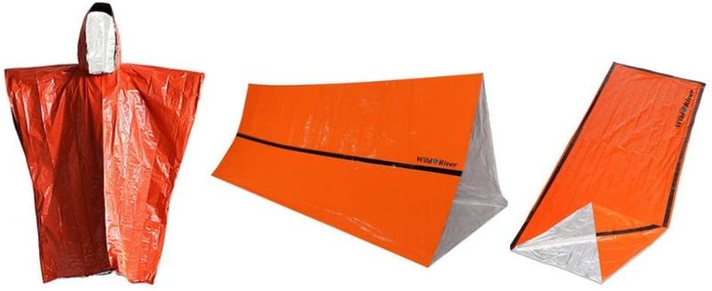 Photo 1 of 3-in-1 Set - Emergency Mylar Thermal Raincoat Poncho + Sleeping Bag + 2-Man Bivvy Tent Shelter Survival Gear Kit
