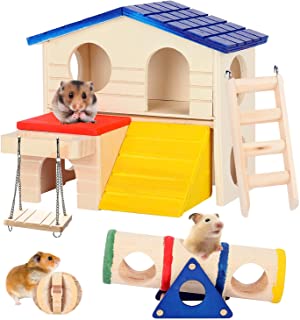 Photo 1 of HWONMTE Hamster Toys House 5 Pack Small Animal Hideout Hamsters Climbing Ladder Brige Wooden Hollow Tree Trunk Guinea Pig Chew Toy for Chinchillas Rat Mouse
