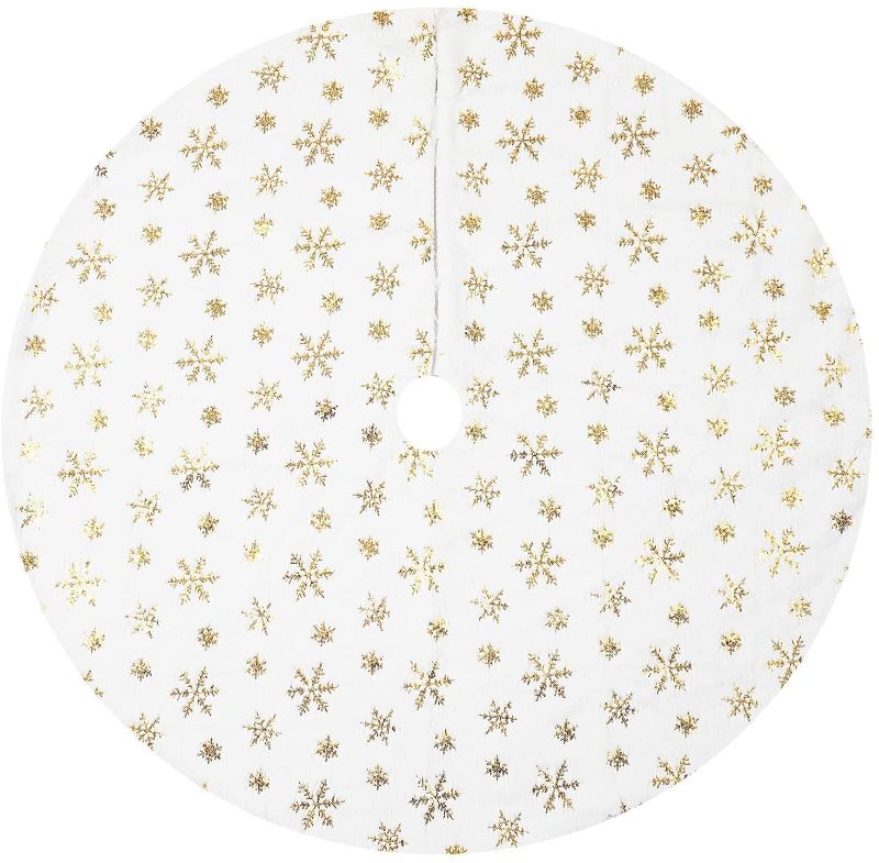 Photo 1 of 48 Inch Christmas Tree Skirt, White Luxury Fluffy Soft Faux Fur Christmas Tree Skirt with White Plush Gold Sequin Snowflake for Xmas Tree Holiday Party Decorations
