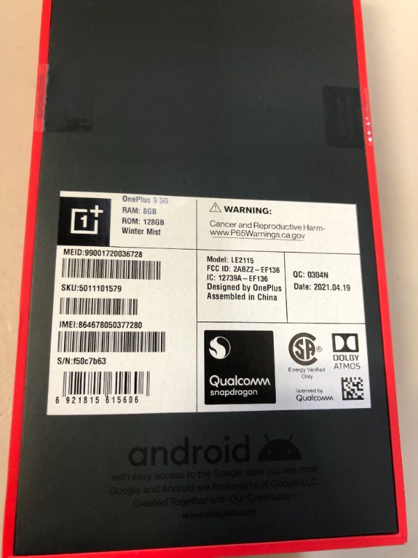 Photo 4 of OnePlus 9 Winter Mist, 5G Unlocked Android Smartphone U.S Version, 8GB RAM+128GB Storage, 120Hz Fluid Display, Hasselblad Triple Camera, 65W Ultra Fast Charge, 15W Wireless Charge, with Alexa Built-in (BRAND NEW, FACTORY SEALED)
