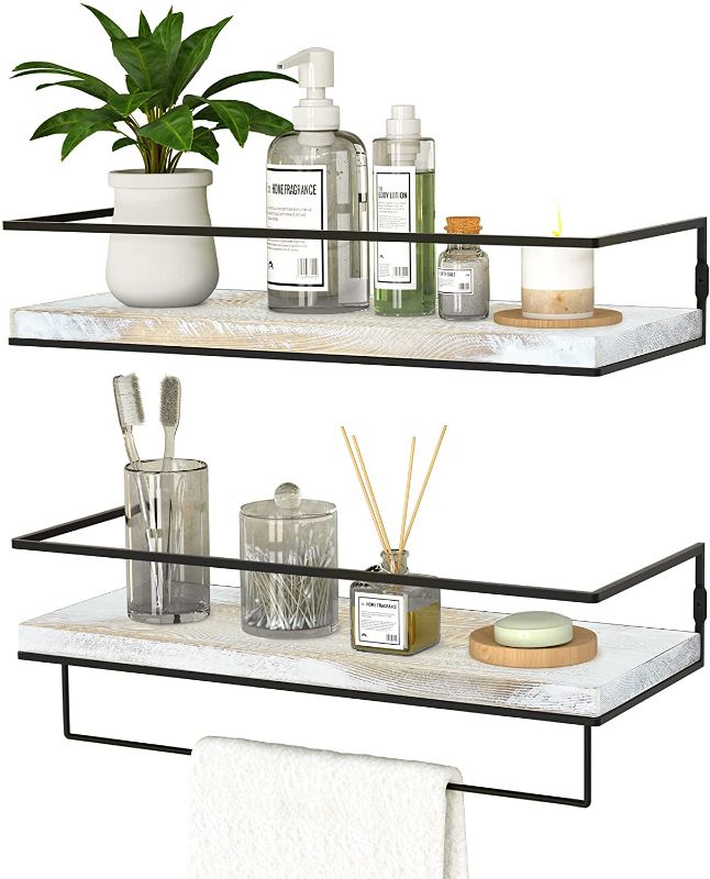 Photo 1 of ZGO Floating Shelves for Wall Set of 2, Wall Mounted Storage Shelves with Black Metal Frame and Towel Rack for Bathroom, Bedroom, Living Room, Kitchen, Office (Washed White)…
