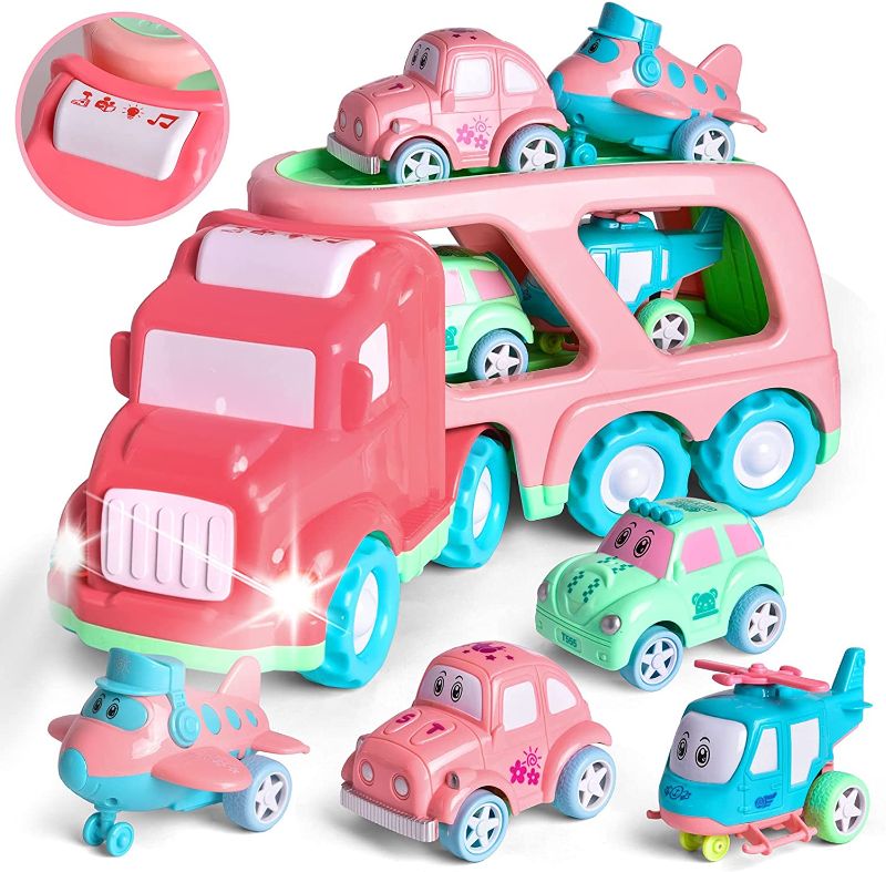 Photo 1 of FUN LITTLE TOYS Cartoon Vehicles Car Carrier Truck Pink Toy for Girls with Lights and Sounds, Toys for 2 3 4 Year Old Girls, 5pcs (4 out of 5 pcs) Push and Go Trailer