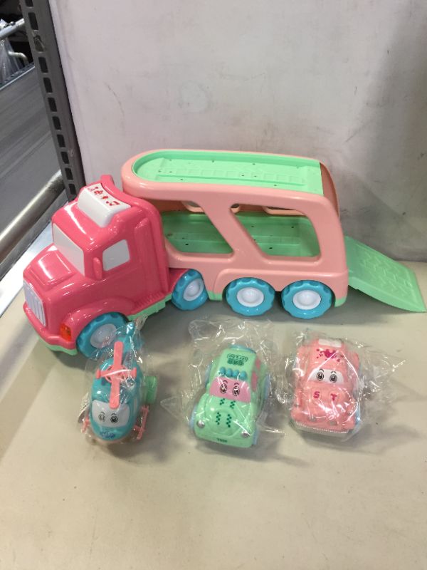 Photo 2 of FUN LITTLE TOYS Cartoon Vehicles Car Carrier Truck Pink Toy for Girls with Lights and Sounds, Toys for 2 3 4 Year Old Girls, 5pcs (4 out of 5 pcs) Push and Go Trailer