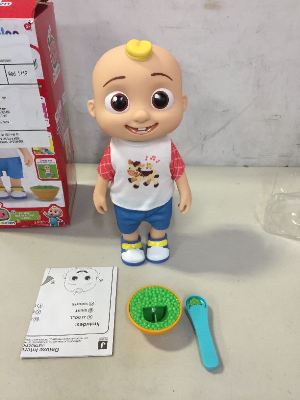 Photo 2 of CoComelon Deluxe Interactive JJ Doll - Includes JJ, Shirt, Shorts, Pair of Shoes, Bowl of Peas, Spoon- Toys for Preschoolers
