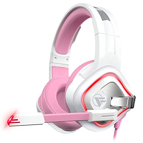 Photo 1 of ONFINIO Gaming Headset, Xbox One Headset, PS4 Headset, PC Headset with Noise Cancelling Microphone & Stereo Surround Sound & LED Light Compatible with PS4,PS5,Xbox,PC,Switch,Mac,Laptop - Pink and White