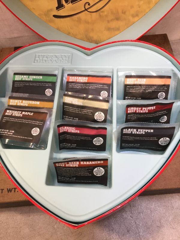 Photo 1 of The Original Jerky Heart by Man Crates – Valentine's Day Gift For Men – Includes 10 Delicious Beef Jerky Flavors Like Whiskey Maple and Honey Bourbon – In A Delightfully Surprising Heart-Shaped Box (EXP 01/29/2023 FACTORY SEALED)