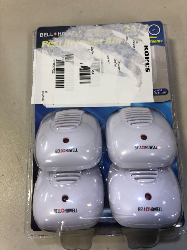 Photo 2 of Bell + Howell Ultrasonic Pest Repeller Home Kit (Pack of 4), Ultrasonic Pest Repeller, Pest Repellent for Home, Bedroom, Office, Kitchen, Warehouse, Hotel, Safe for Human and Pet MAJOR DAMAGES TO PACKAGING 