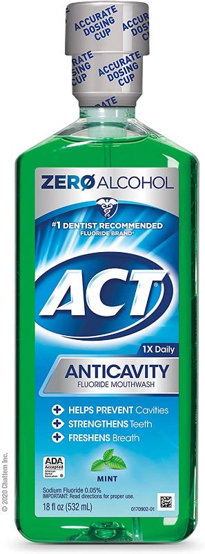 Photo 1 of ACT Anticavity Zero Alcohol Fluoride Mouthwash 18 fl. oz., With Accurate Dosing Cup, Mint
