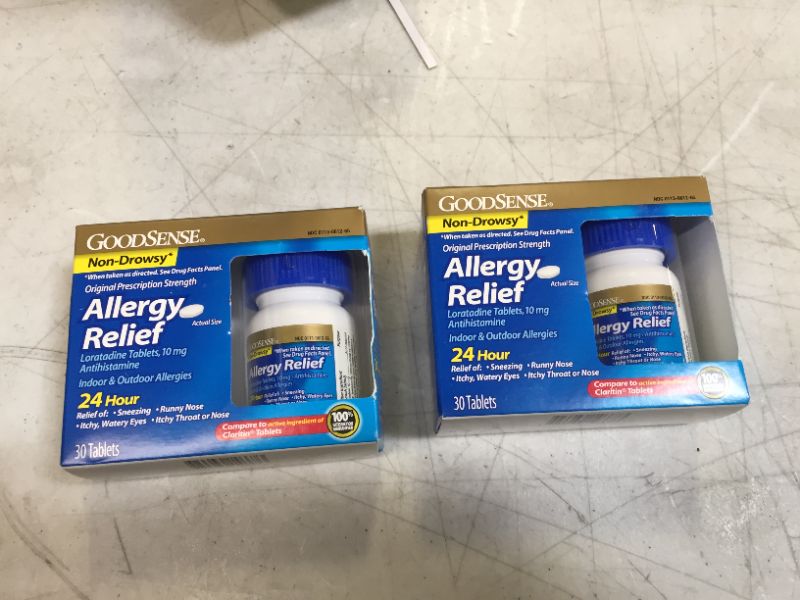 Photo 2 of 2 pack GoodSense Allergy Relief Loratadine Tablets 10 mg, Antihistamine, Allergy Medicine for 24 Hour Allergy Relief, 30 Count
best by 05/2022