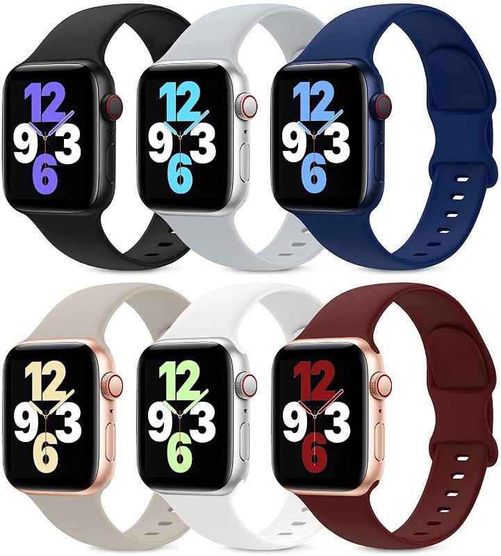 Photo 1 of 6 Pack Bands Compatible with Apple Watch Band 38mm 40mm 42mm 44mm, Soft Silicone Sport Replacement Wristbands Strap Compatible with iWatch Series 6 5 4 3 2 1 SE Women Men,38mm/40mm
