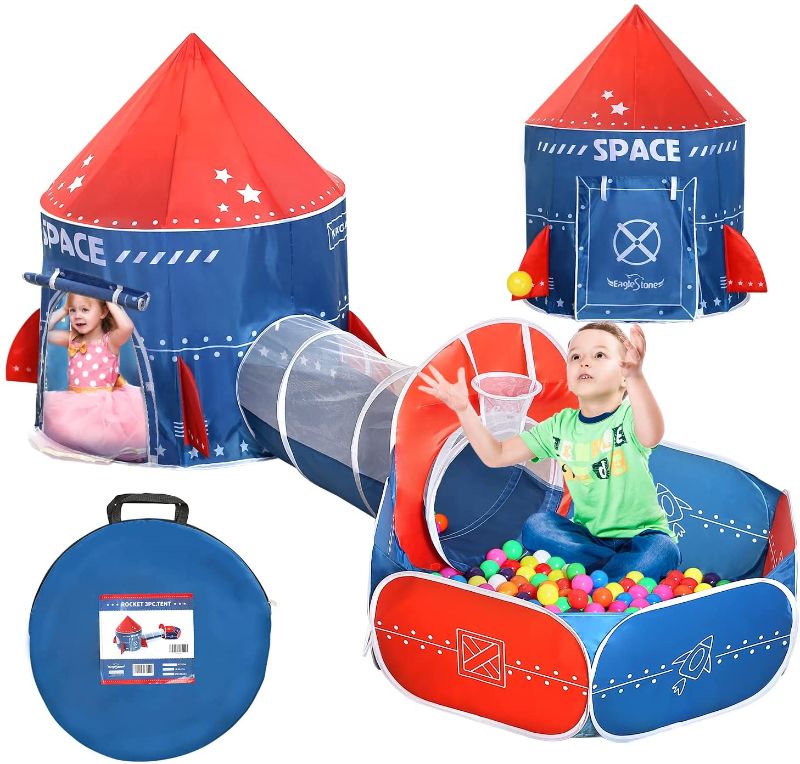 Photo 1 of EagleStone 3 in 1 Indoor Tunnel for Toddlers with Ball Pit, Baby Collapsible Crawl Tunnel, Kids Play Pop up Tent, Space Playhouse Toy for Boys & Girls, Rocket Ship Design, No Ball Included
