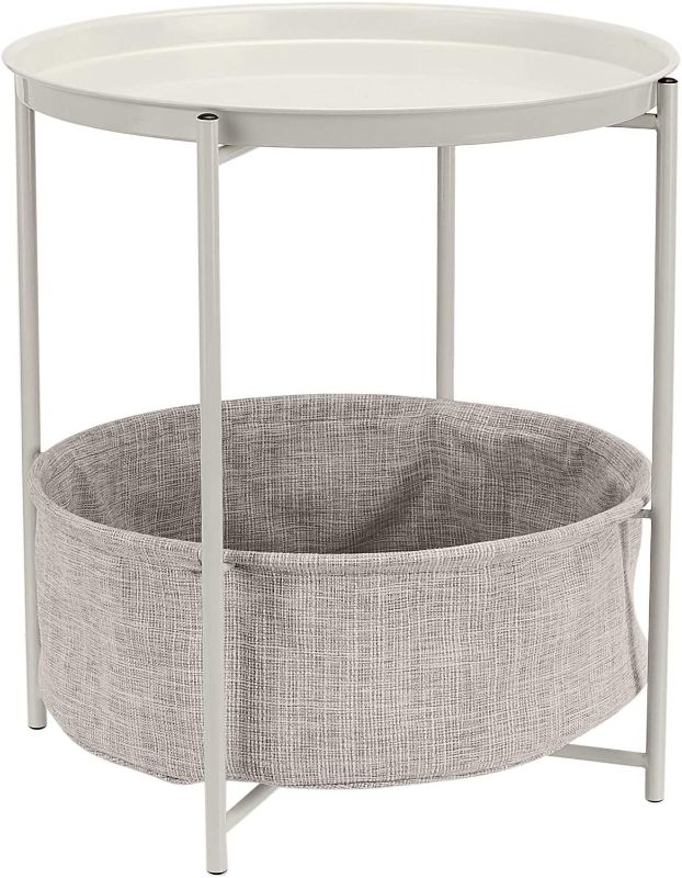 Photo 1 of Amazon Basics Round Storage End Table, Side Table with Cloth Basket - White/Heather Gray, 19 x 18 x 18 Inches
