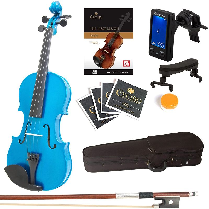 Photo 1 of ?Mendini By Cecilio Violin For Kids & Adults - 4/4 MV Metallic Blue Violins, Student or Beginners Kit w/Case, Bow, Extra Strings, Tuner, Lesson Book - Stringed Musical Instruments
