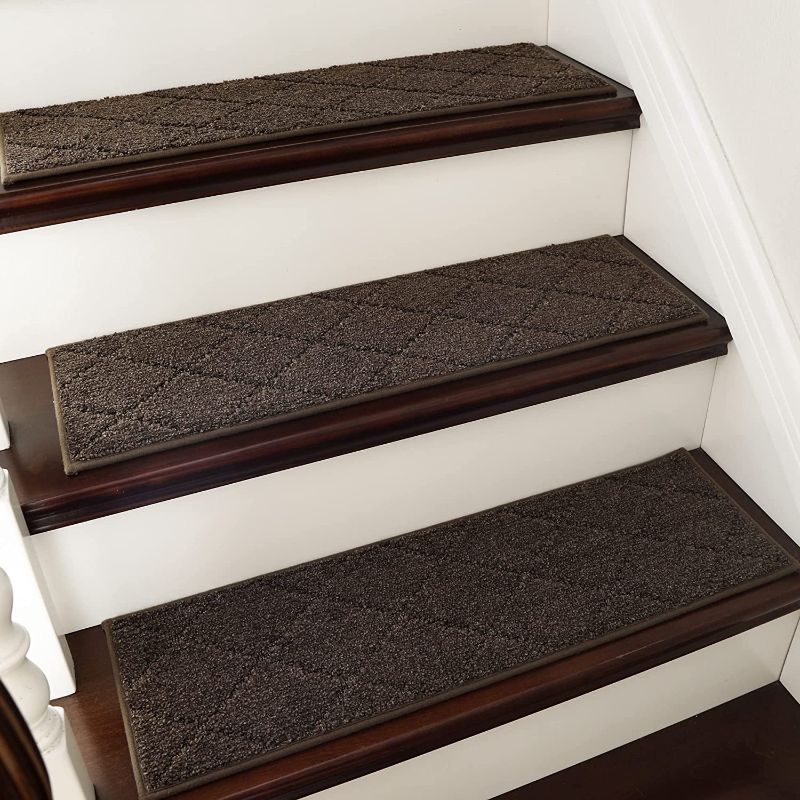 Photo 1 of COSY HOMEER Edging Stair Treads Non-Slip Carpet Mat 28inX9in Indoor Stair Runners for Wooden Steps, Edging Stair Rugs for Kids and Dogs, 100% Polyester TPE Backing 15pcs,Brown
