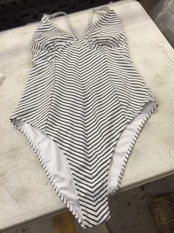 Photo 2 of Black And White Stripe V-Neck One Piece Swimsuit MEDIUM