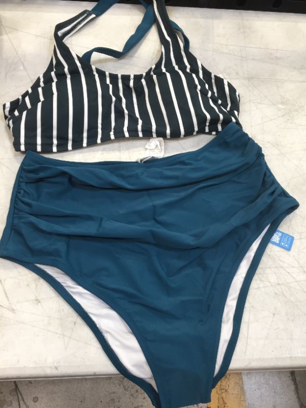 Photo 2 of Teal Solid And Striped High Waisted Bikini LARGE