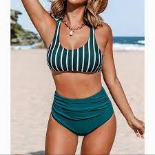 Photo 1 of Teal Solid And Striped High Waisted Bikini LARGE