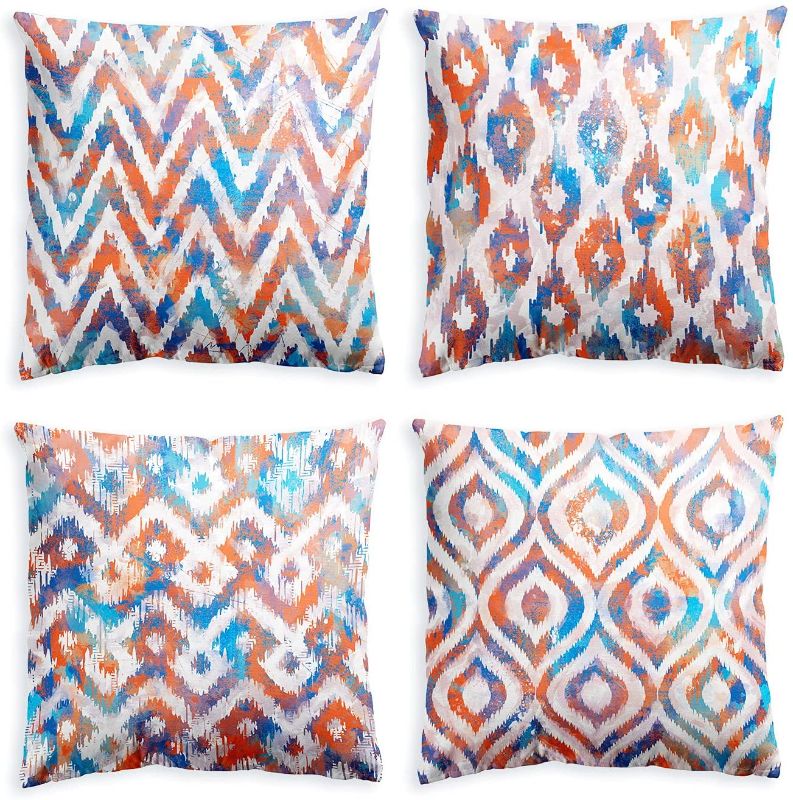 Photo 1 of Abstract Throw Pillow Covers, Moroccan Patterns Decorative Throw Pillow Cases for Couch Sofa Bed Car, Geometrical Pillowcases Modern Boho Cushion Protector, Set of 4, 18" x 18", Orange Red and Blue
