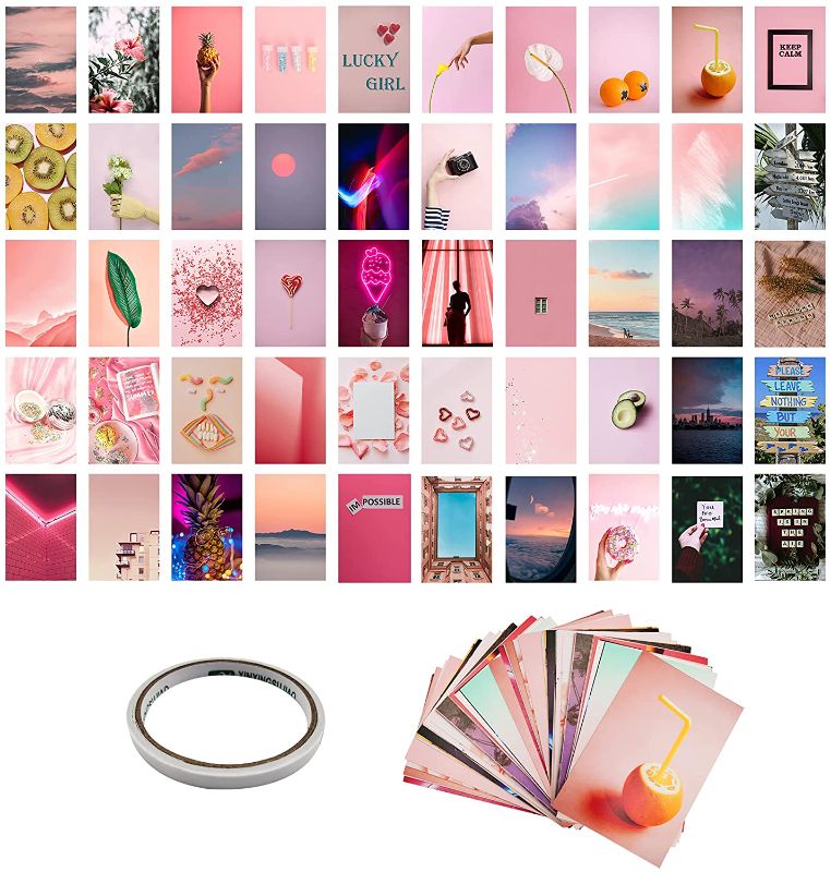 Photo 1 of 2 PACK - Pink Aesthetic Wall Collage Picture - Set of 50 Samll Posters - Modern Landscape Figure Journey Photo Cards Fit Into Bedroom, Dorm Decor