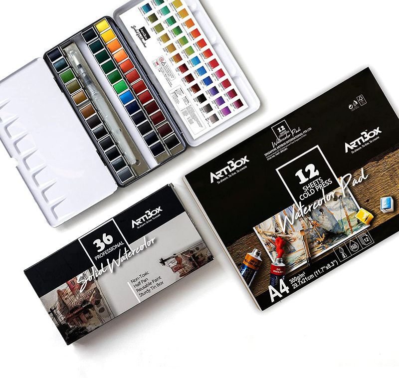 Photo 1 of 36 Watercolor Paint Set by Artibox - Water Squeeze Brush - 12 Watercolor Sheets - Half Pans Colors - Art Supplies