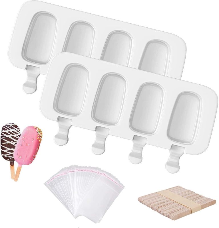Photo 1 of Acerich 2 Pcs Popsicle Molds with Lid, Silicone Cake Pop Mold for Kids 4 Cavities Ice Pop Molds Oval with 50 Wooden Sticks & 50 Parcel Bags & 50 Sealing Lines for DIY Ice Popsicle
