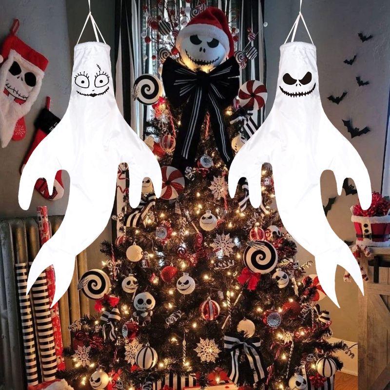Photo 1 of 2 pack - flinelife Jack Skellington Christmas Decorations, 43 Inches, Jack and Sally Party Decorations, Double Sided, 2 Pieces, Wind Socks for Home Yard Outdoor Decor Party Supplies