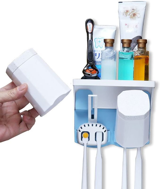 Photo 1 of 2 PACK - TIDYTECH Toothbrush Holder Toothpaste Organizer Large Space for Toiletries? Super Sticky Suction Pad Wall Mounted Toothbrush Holder with 2cups Toothbrush Container for Bathroom Set (White)