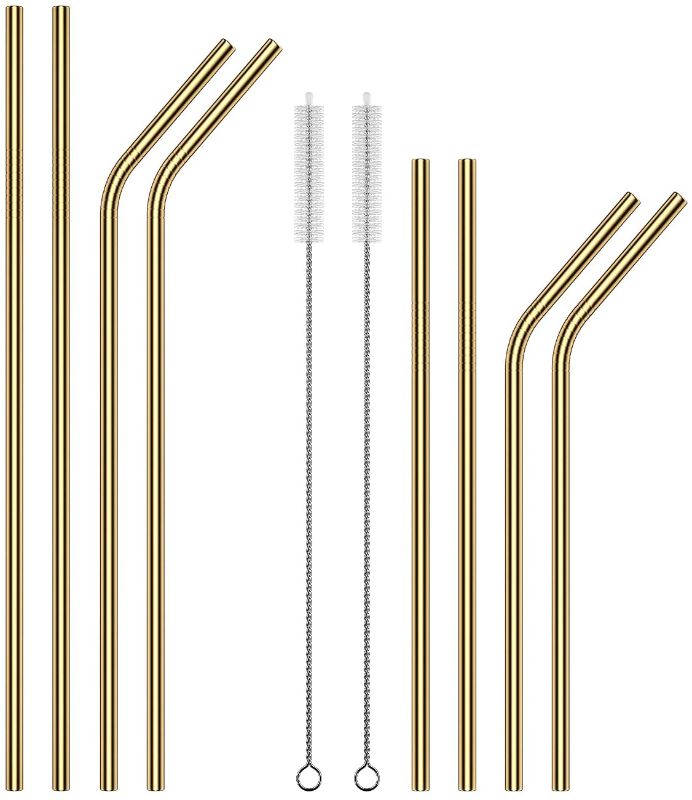 Photo 1 of 2 PACK - 18/8 Stainless Steel Straws, U-Taste Metal Drinking Straws Reusable Extra Long for 20oz 30oz Tumbler Cups Mugs Set of 8 (4 Bent + 4 Straight + 2 Cleaning Brush, Gold)