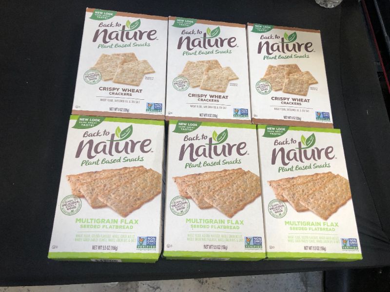 Photo 2 of 6 pack - Back to Nature Crackers, Non-GMO Multigrain Flax Seed/ Crispy wheat crackers , 5.5 Ounce
exp sept 2021
