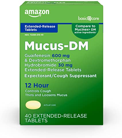 Photo 1 of Amazon Basic Care Mucus DM Guaifenesin and Dextromethorphan Hydrobromide Extended-Release Tablets, 600 mg/30 mg, Expectorant and Cough Suppressant, 40 Count exp- 04/2022