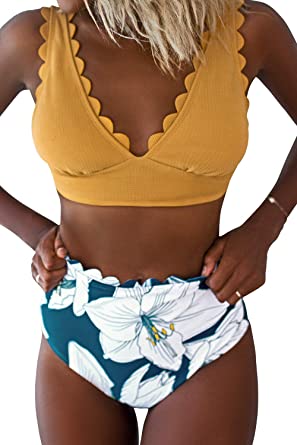 Photo 1 of CUPSHE Women's Bikini Swimsuit High Waist Floral Print Yellow V Neck Scalloped Two Piece Bathing Suit size large 