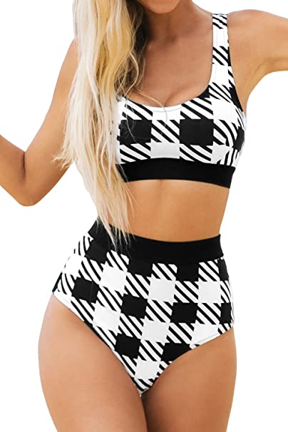 Photo 1 of CUPSHE Women's Checked Bikini Set Split Swimsuit Lace Up Bikini Top with High Waist Bikini Bottoms Beach Fashion Two-piece Swimsuit size large 